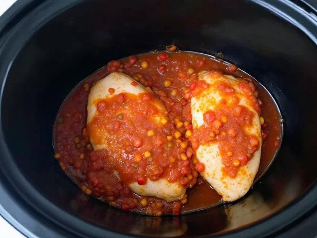 Crock pot filled with chicken breasts and salsa.