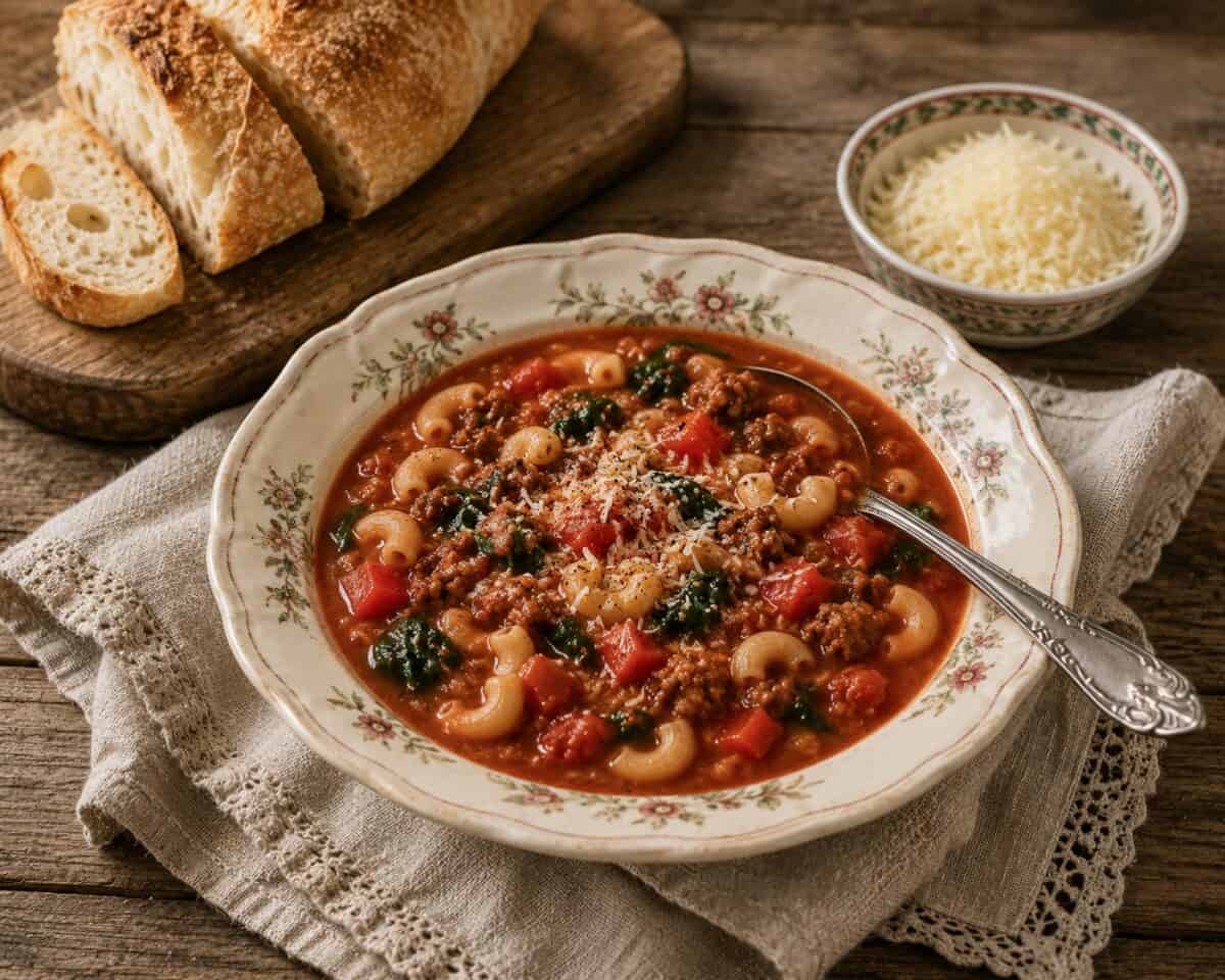 Crock Pot Tomato Beef Macaroni Soup in a vintage bowl with a spoon and linen napkin on wood table with sliced crusty bread and small bowl with grated parmesan cheese.