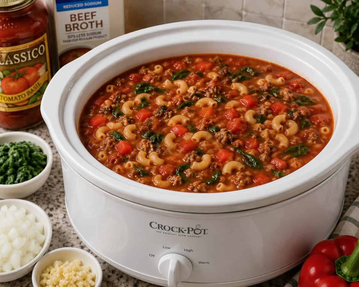 Tomato Beef Macaroni Soup in white slow cooker on kitchen counter with ingredients scattered about.