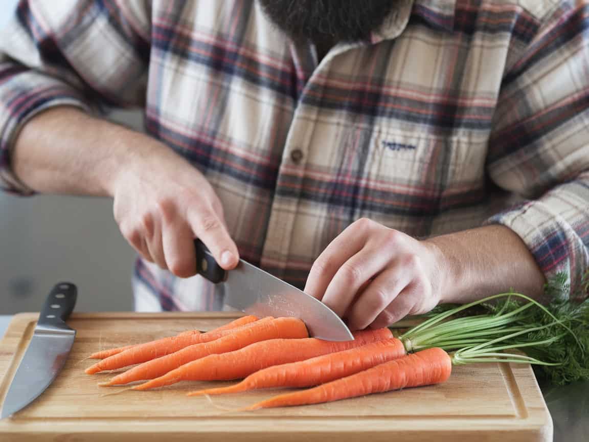 trimming raw carrots on wooden cutting board