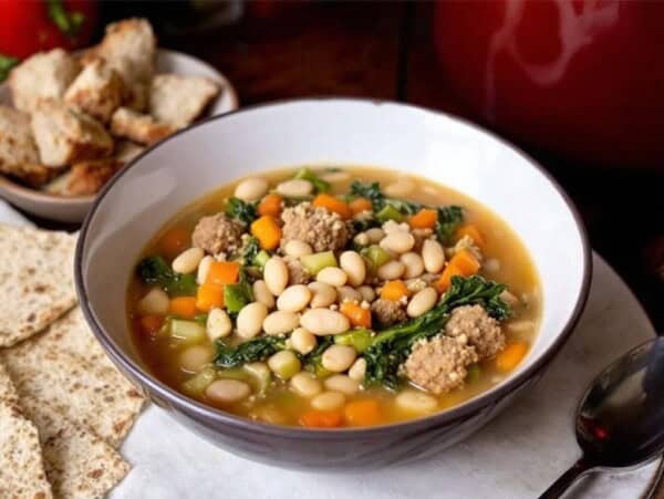 bowl of italian sausage and white bean soup with escarole in a large bowl