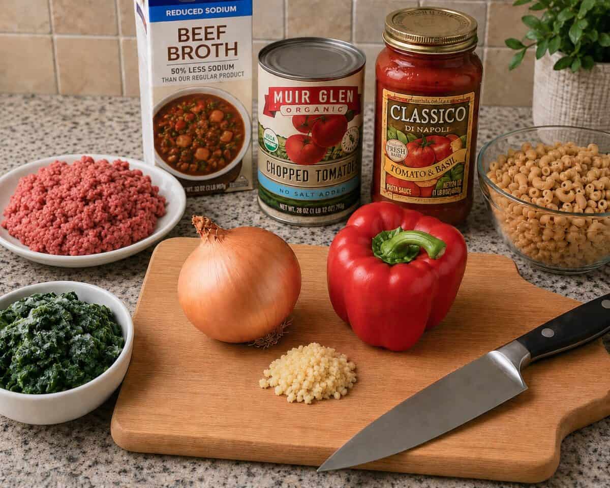 Ingredients including extra lean ground beef, frozen spinach, onion, red bell pepper, minced garlic, elbow macaroni, tomato pasta sauce, canned chopped tomatoes and reduced-sodium beef broth on kitchen counter with wood cutting board and chef knife.