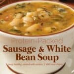 Bowl of white bean soup with chicken sausage and escarole
