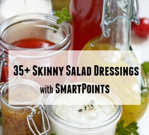 bottles and jars of assorted dressing with text overlay