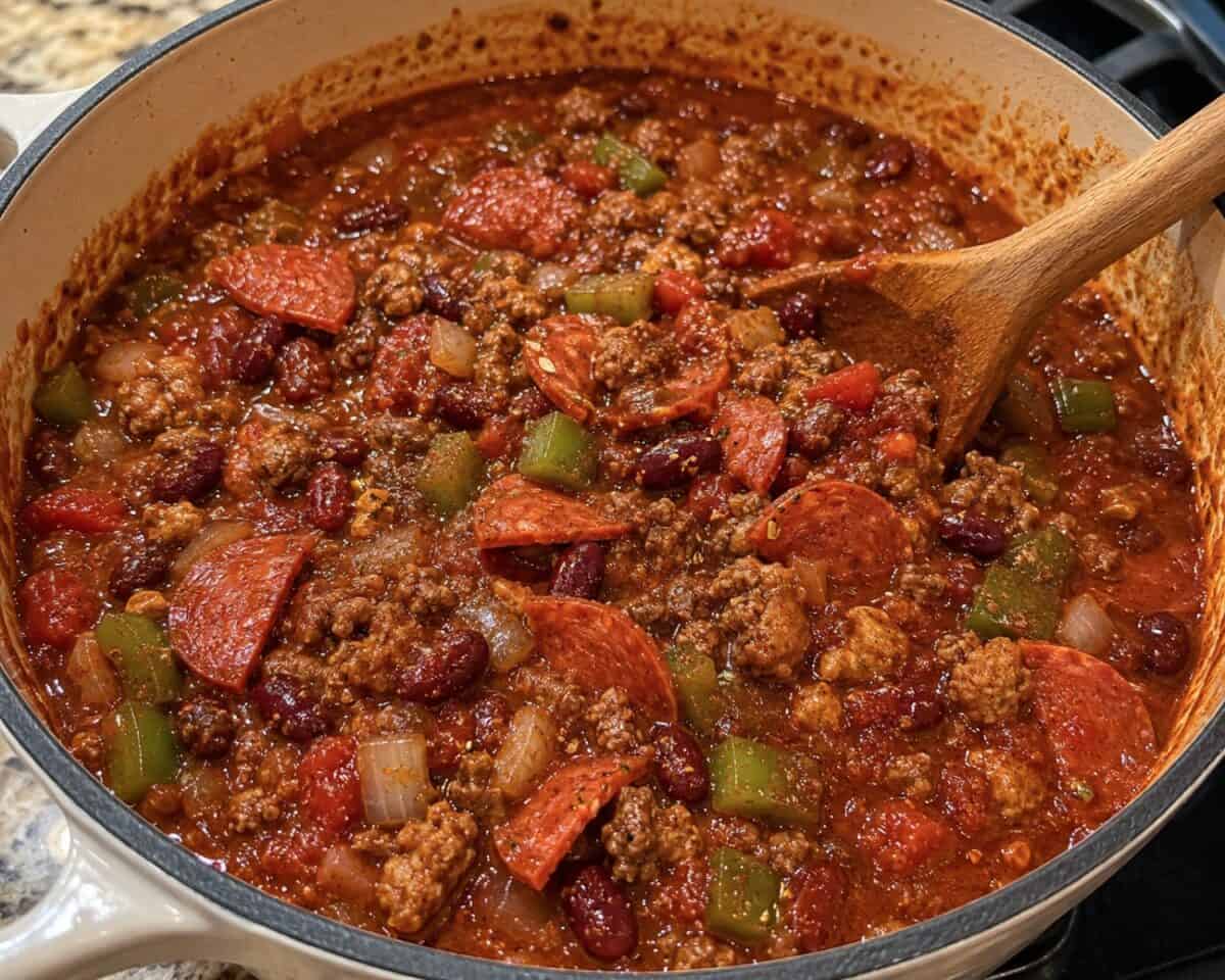 Pepperoni Pizza Chili in Dutch oven with wooden spoon.