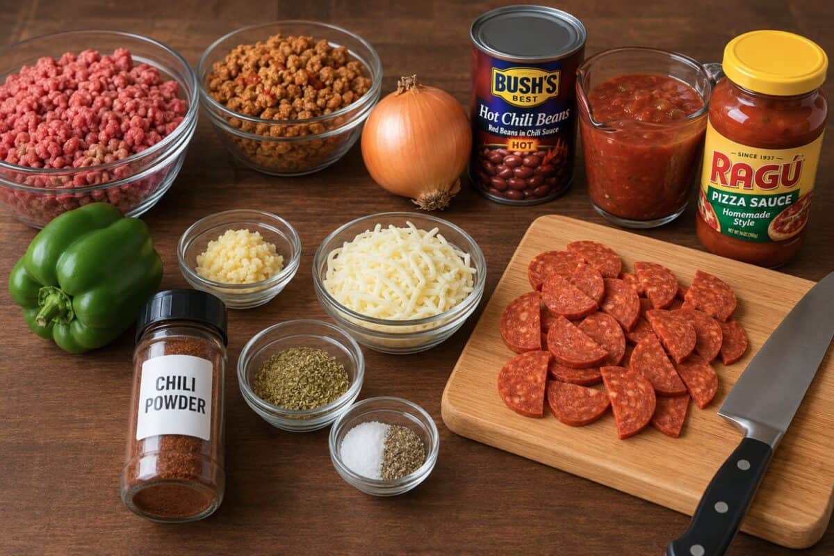 Lean ground beef, hot Italian-style turkey sausage, green bell pepper, onion, hot chili beans, salsa, pizza sauce, shredded mozzarella cheese, turkey pepperoni, chili powder and dried oregano.
