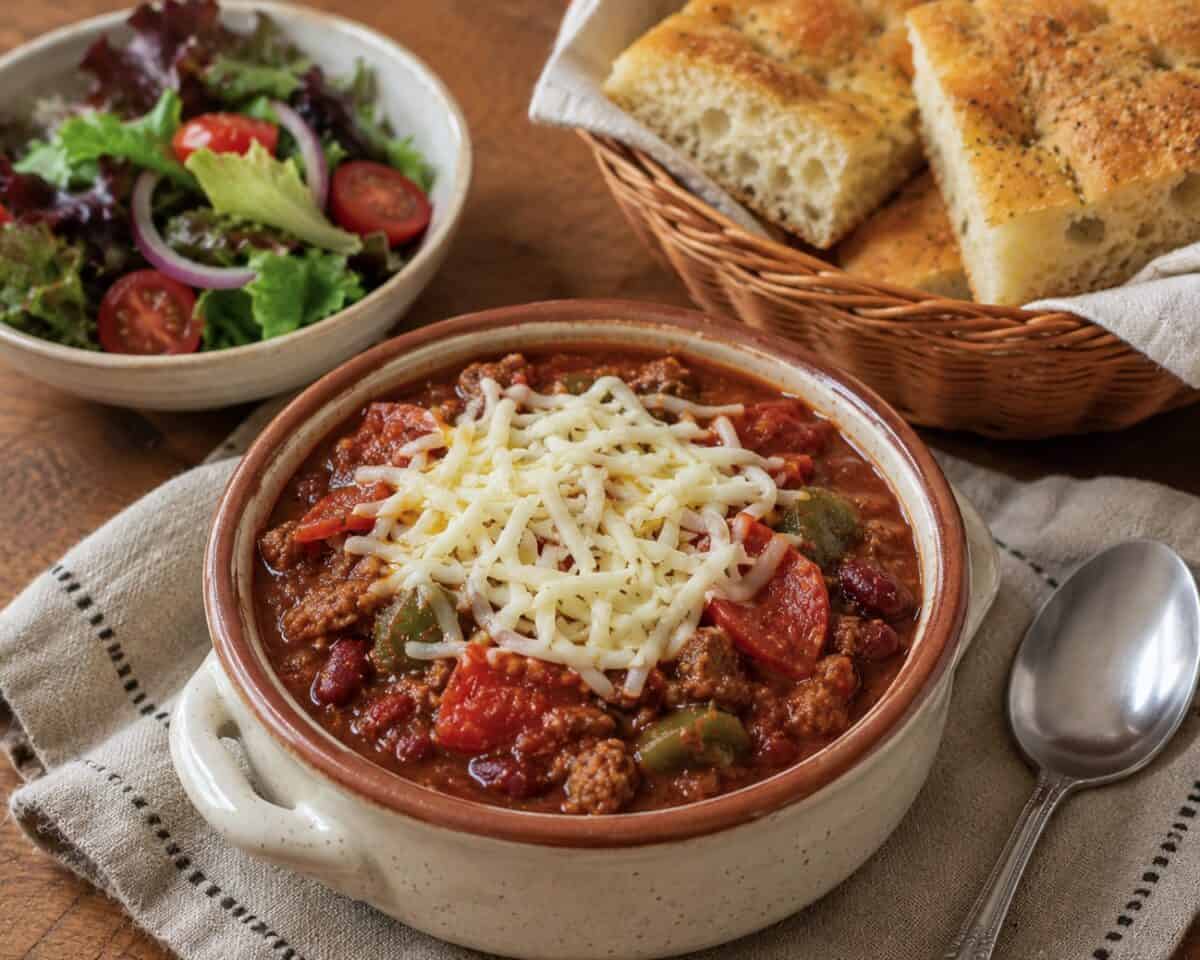 Pepperoni Pizza Chili in a soup bowl with a spoon and mixed green salad and basket of focaccia bread in the background.