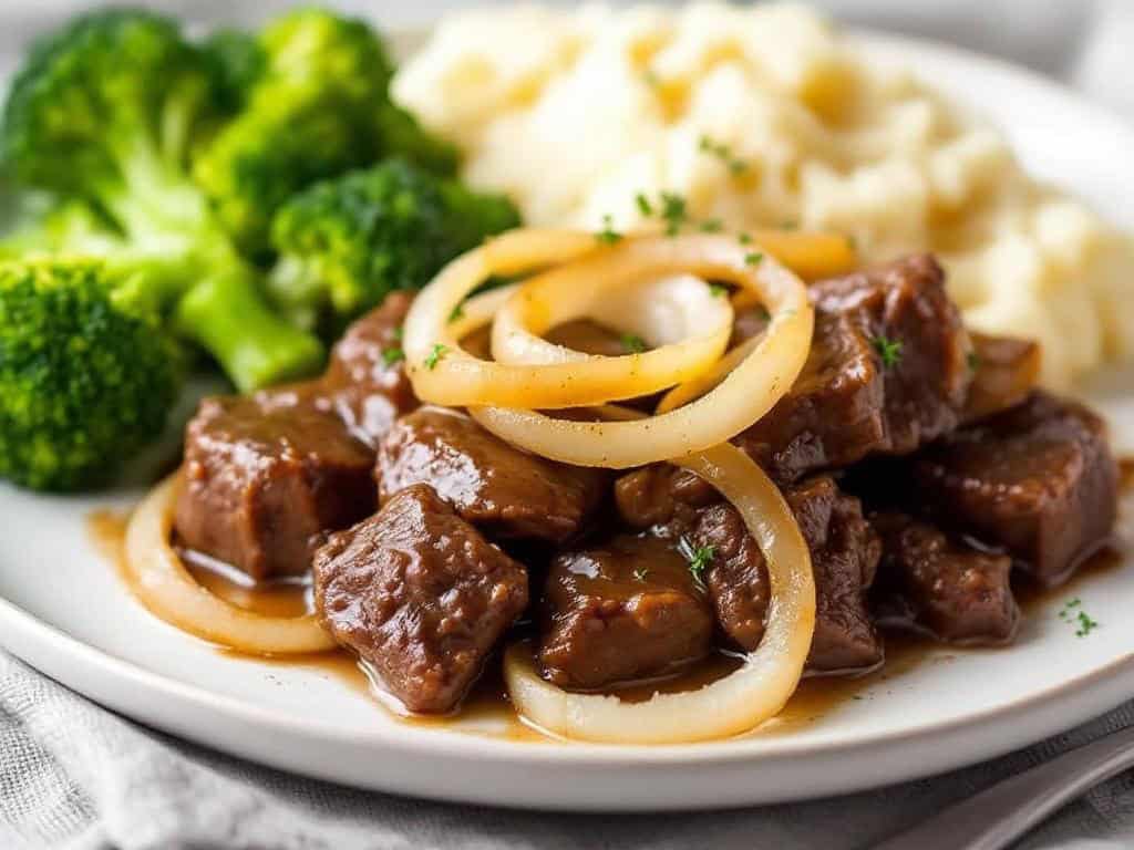 a dinner plate filled with balsamic braised beef, mashed potatoes & broccoli