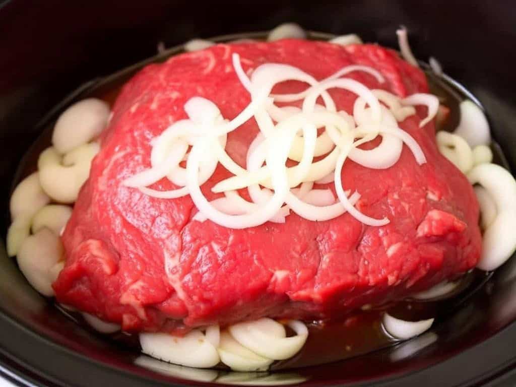 raw beef roast and onion slices in a slow cooker
