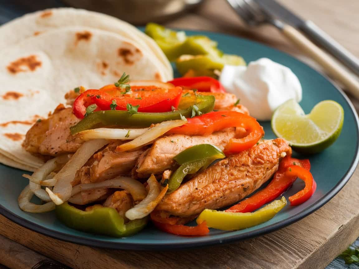 Chicken fajitas with strips of red and green bell peppers, onions and flour tortillas on a turquoise plate with dollop of sour cream and lime wedge.