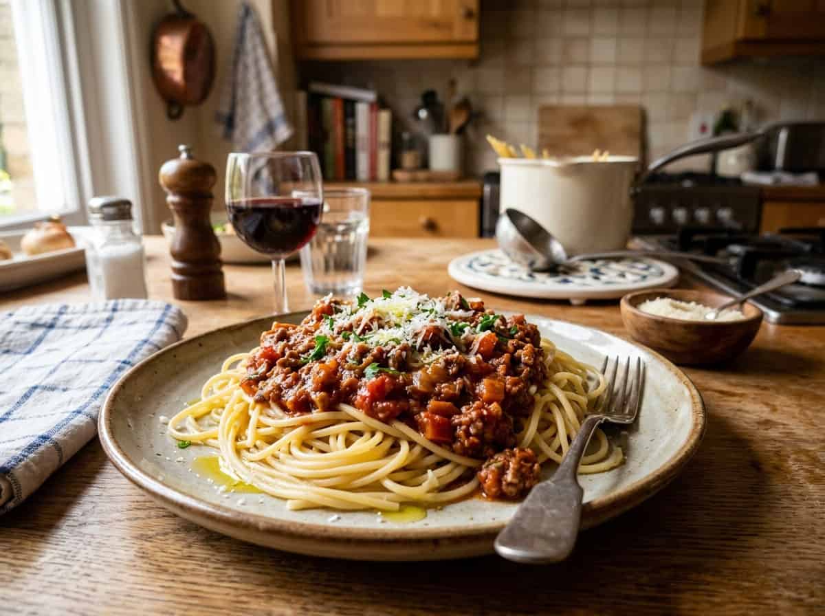 plate of spaghetti and meat sauce with fork alongside