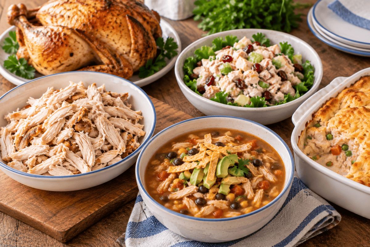 rotisserie chicken with several dishes made from it including shredded chicken, chicken salsa soup, chicken salad and chicken pot pit