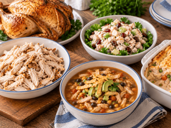 rotisserie chicken with several dishes made from it including shredded chicken, chicken salsa soup, chicken salad and chicken pot pit