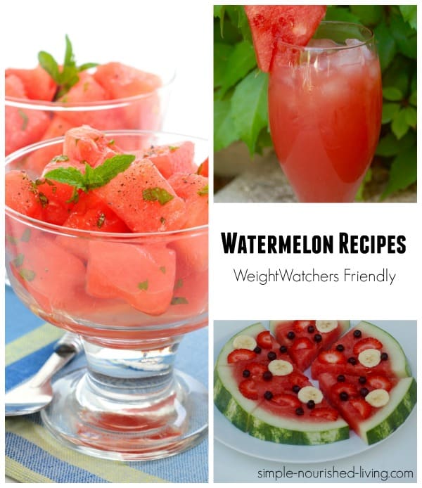 Collage showing chopped watermelon with min in glass dish, watermelon pizza and watermelon aqua fresca.