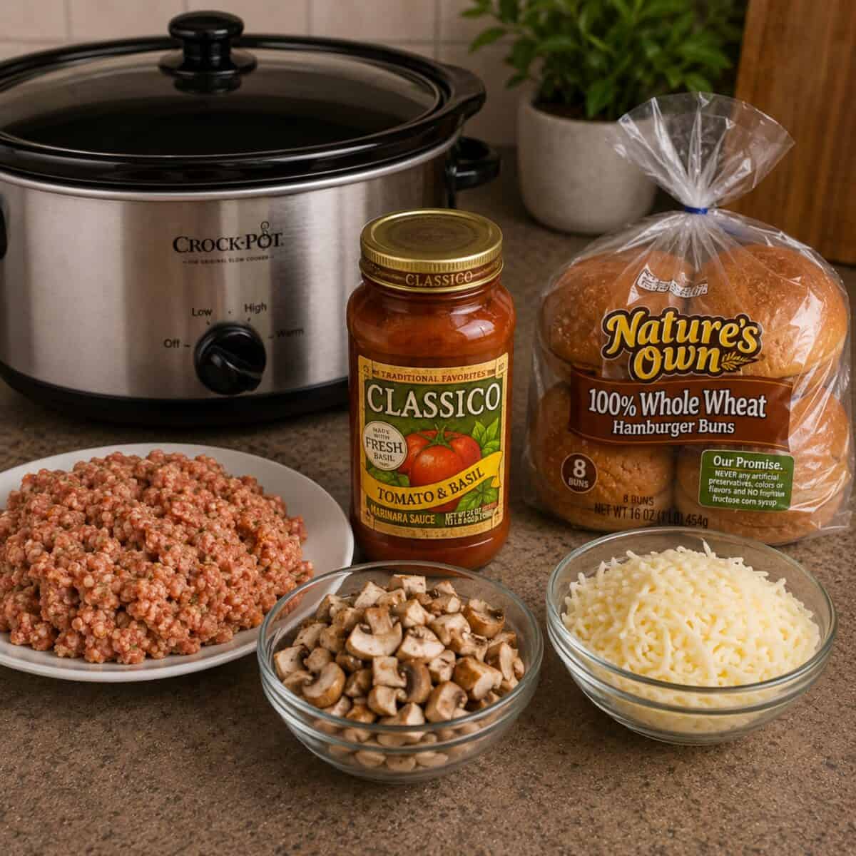 Ingredients including bulk Italian chicken sausage, chopped mushrooms, shredded mozzarella, jar of Classico tomato and basil marinara sauce and package of whole wheat hamburger buns with slow cooker in the background.