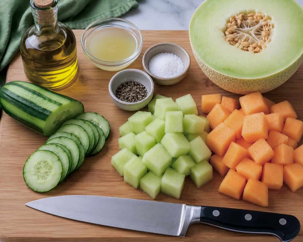 Thinly sliced cucumber, chopped honeydew and cantaloupe melon on wood cutting board with chef knife, olive oil, lemon juice, salt and pepper.