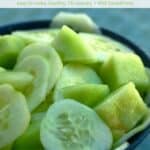 Honeydew Melon Cucumber Salad in blue bowl.