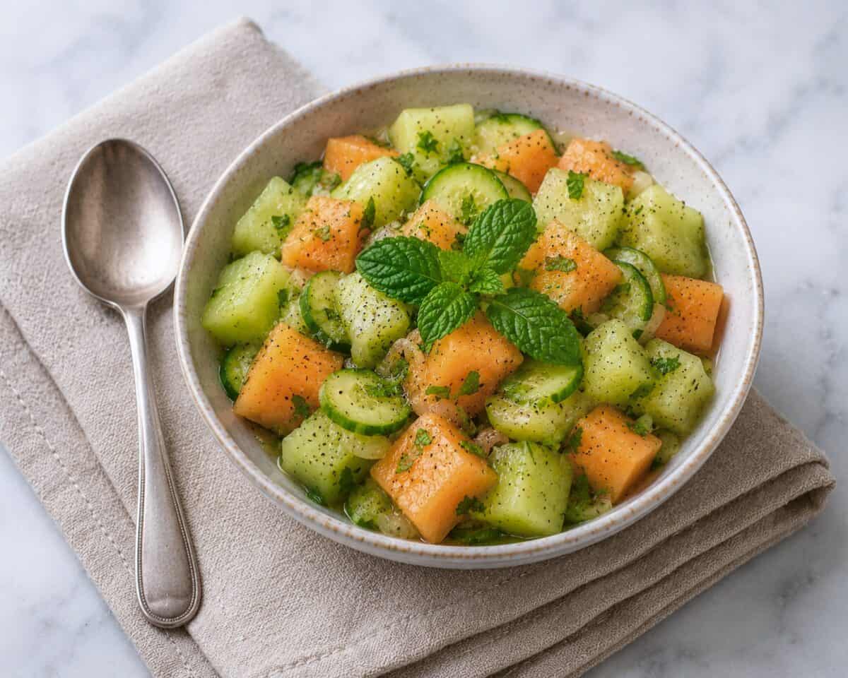 Melon Cucumber Salad garnished with fresh mint leaves in a bowl with a spoon and linen napkin.