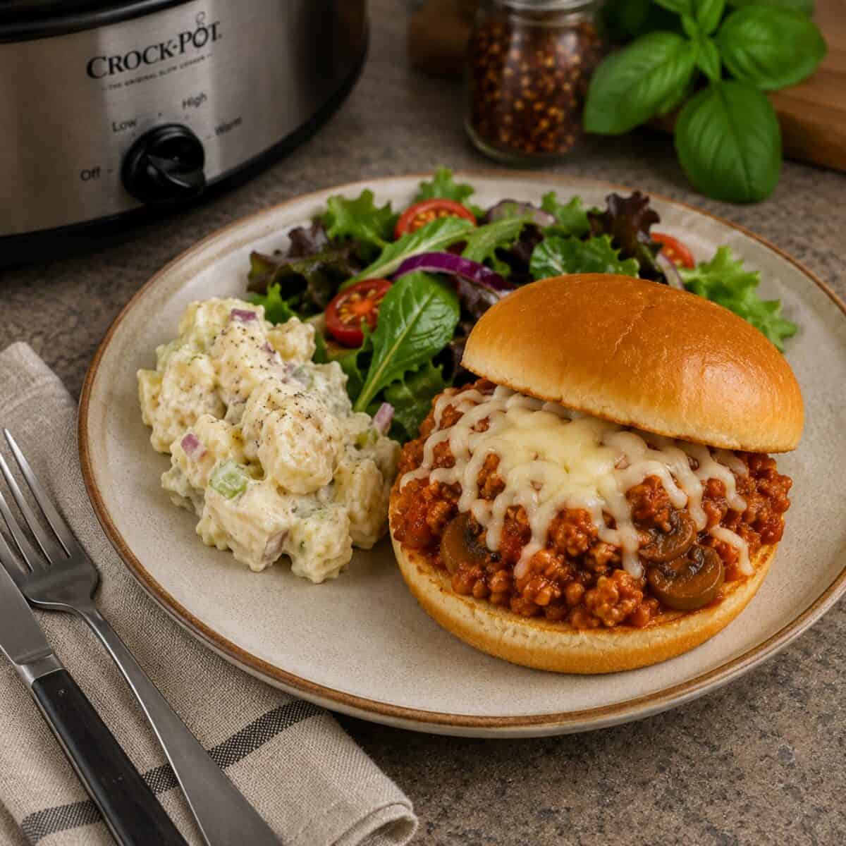 Slow cooker Pizza Sloppy Joe with melted mozzarella on toasted hamburger bun with potato salad and mixed green salad on dinner plate alongside fork, knife and linen napkin.