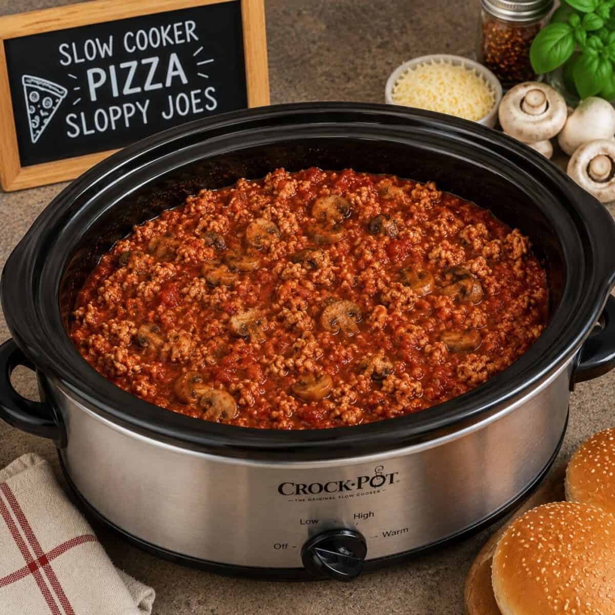 Slow Cooker Italian Pizza Sloppy Joes cooking in crock pot alongside hamburger buns, mushrooms and small bowl of shredded mozzarella.