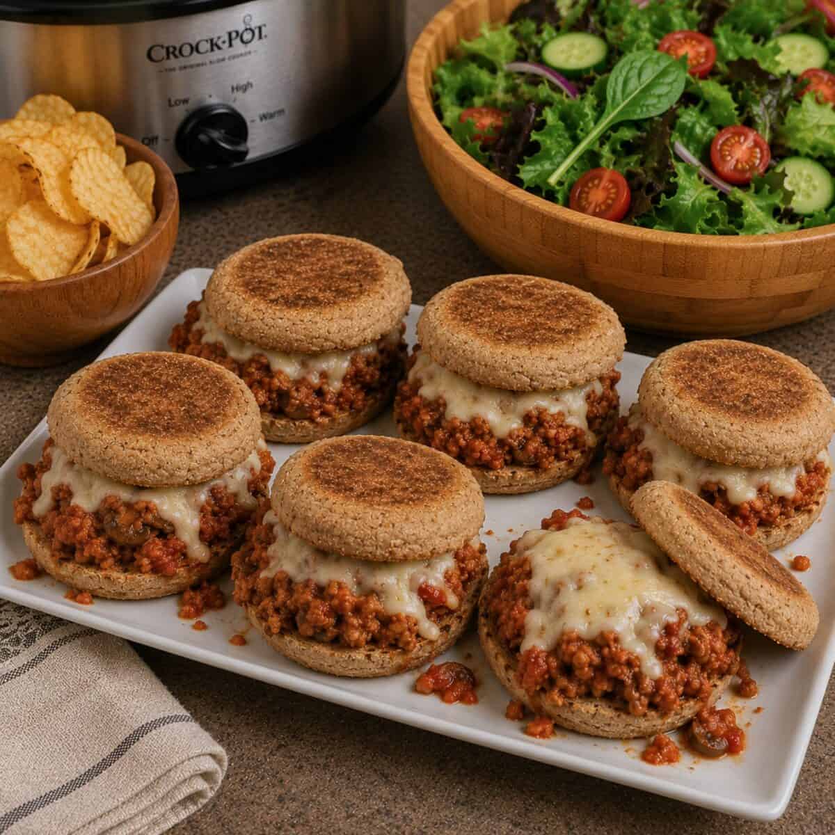 Italian Slow Cooker Pizza Sloppy Joe's on toasted whole grain English muffins on serving platter alongside bowl of potato chips and big bowl of mixed greens salad.