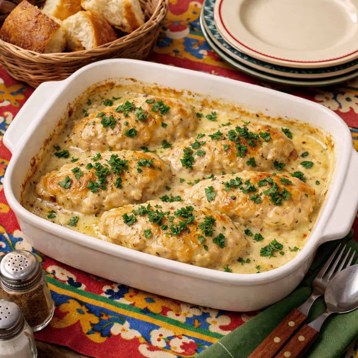 Creamy Italian Chicken topped with fresh parsley on serving platter alongside basket of bread and stack of plate on table with colorful tablecloth.
