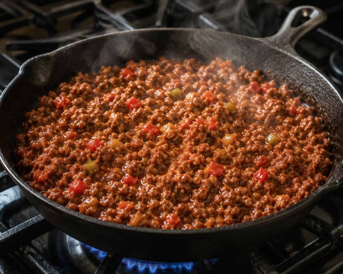 Cooking sloppy joe's in cast iron skillet on gas stove.