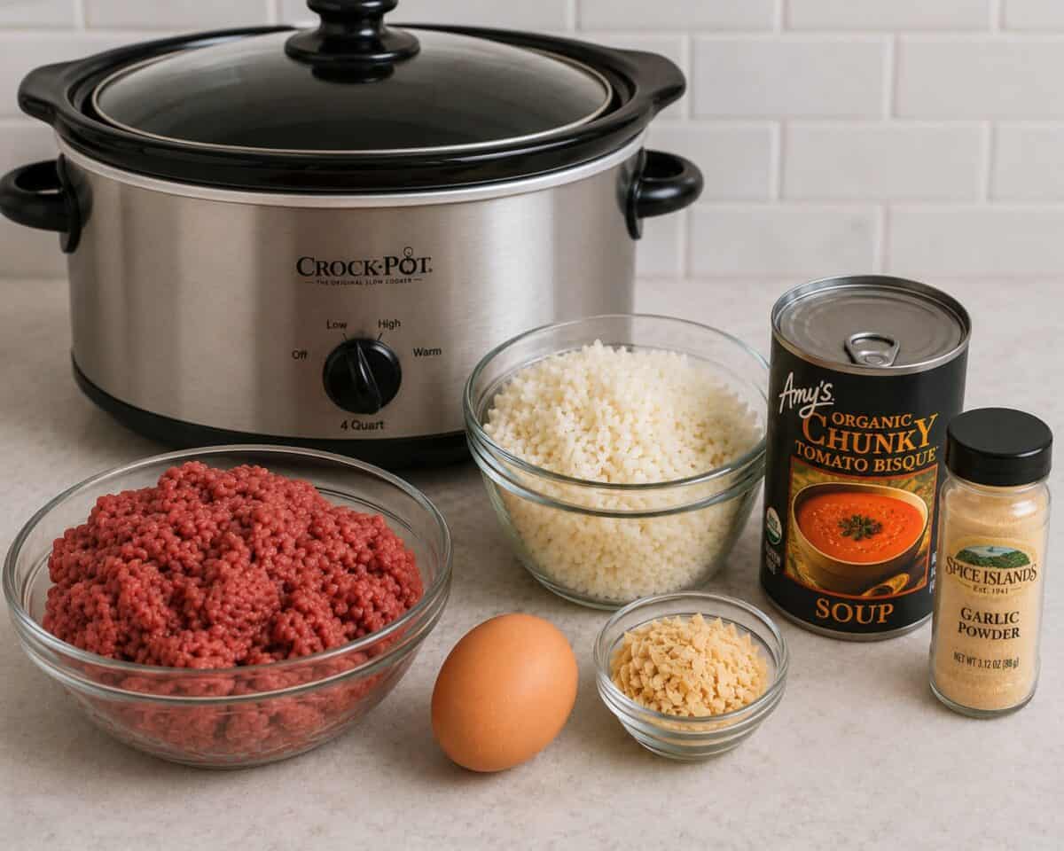 Ingredients including lean ground beef, an egg, cooked rice, dried onion flakes, a can of Amy's Organic Chunky Tomato Bisque and jar of garlic powder in front of a 4-quart slow cooker.