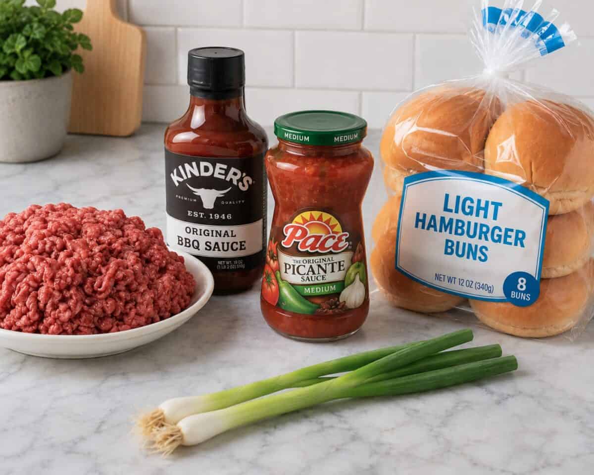 Ingredients including lean ground beef, a bottle of Kinder's BBQ sauce, a bottle of Pace picante sauce and package of light hamburger buns on kitchen counter.
