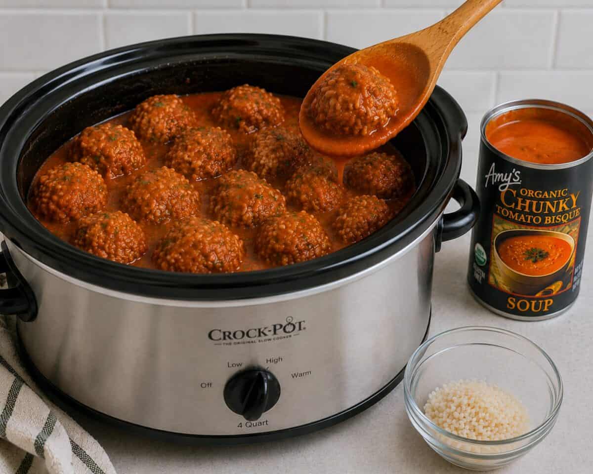 Cooking slow cooker porcupine meatballs in a crock pot with a can of Amy's Organic Chunky Tomato Bisque alongside.