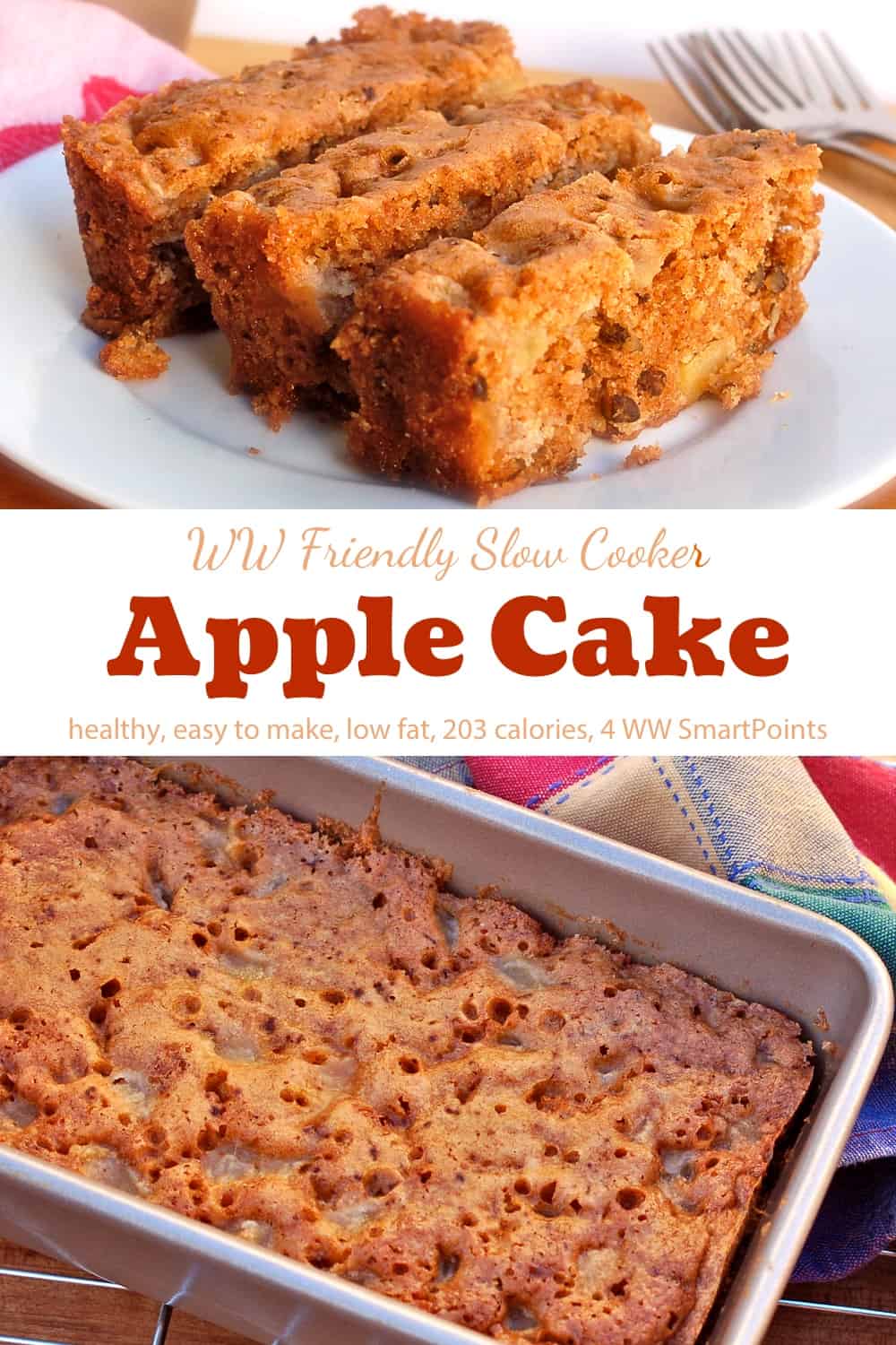 Three slices of slow cooker apple cake on white plate near baking pan with apple cake.