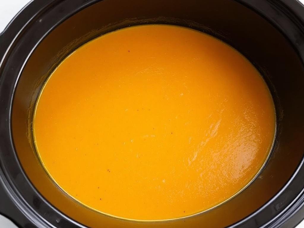 black crockpot insert filled with pumpkin soup