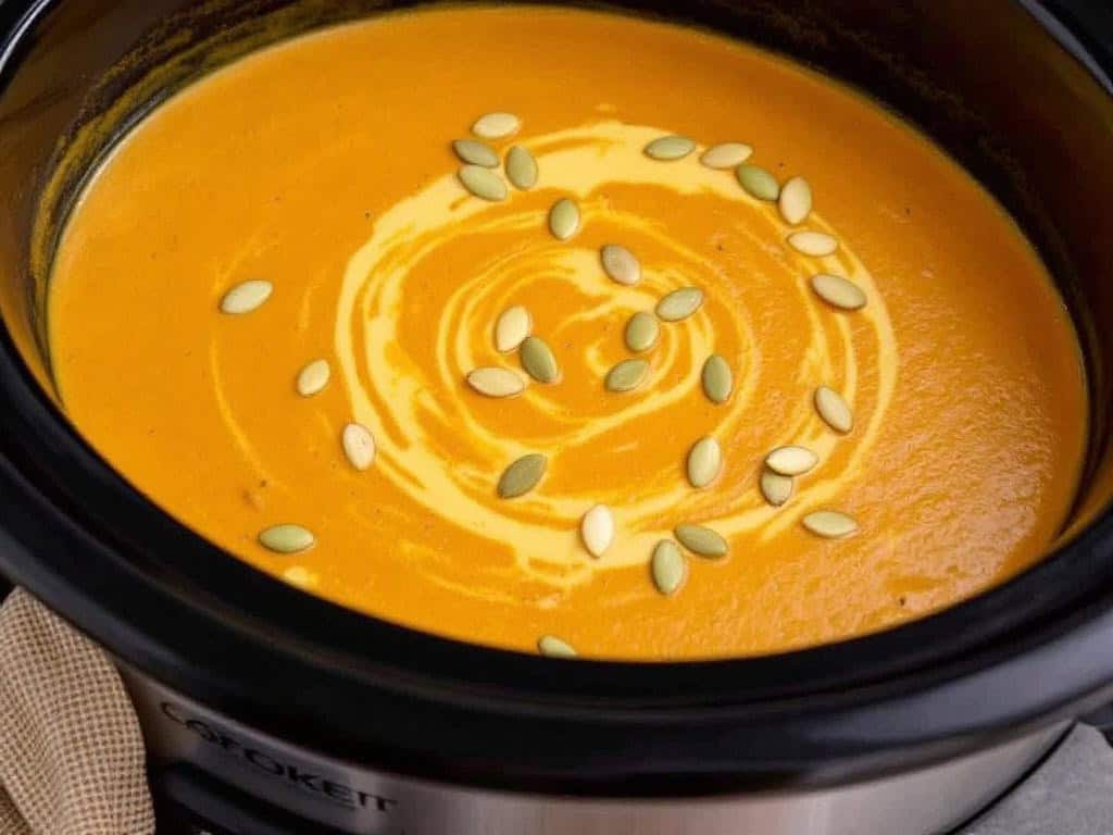 crock of pumpkin soup garnished with drizzle of fat free half and half and pumpkin seeds