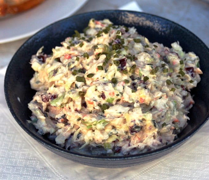 Blue ceramic bowl with crunchy tuna salad