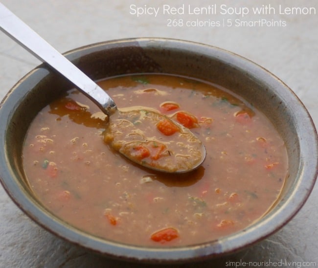 Bowl of Spicy Red Lentil Soup with spoon.