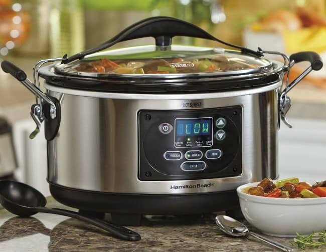 Hamilton Beach Programmable 6-Quart Slow Cooker on a Kitchen Countertop with a Bowl of Beef Stew