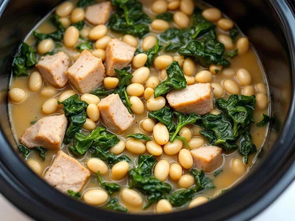 crockpot with italian pork and white bean stew with spinach