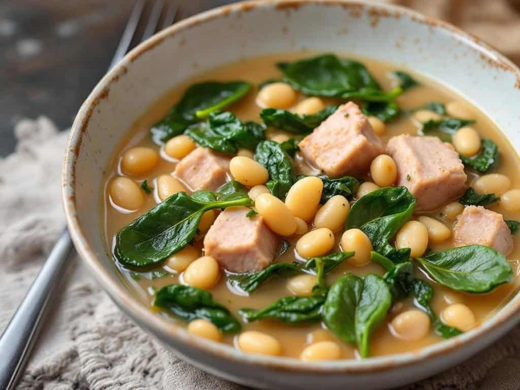 italian pork and white bean stew with spinach in pottery bowl with spoon alongside
