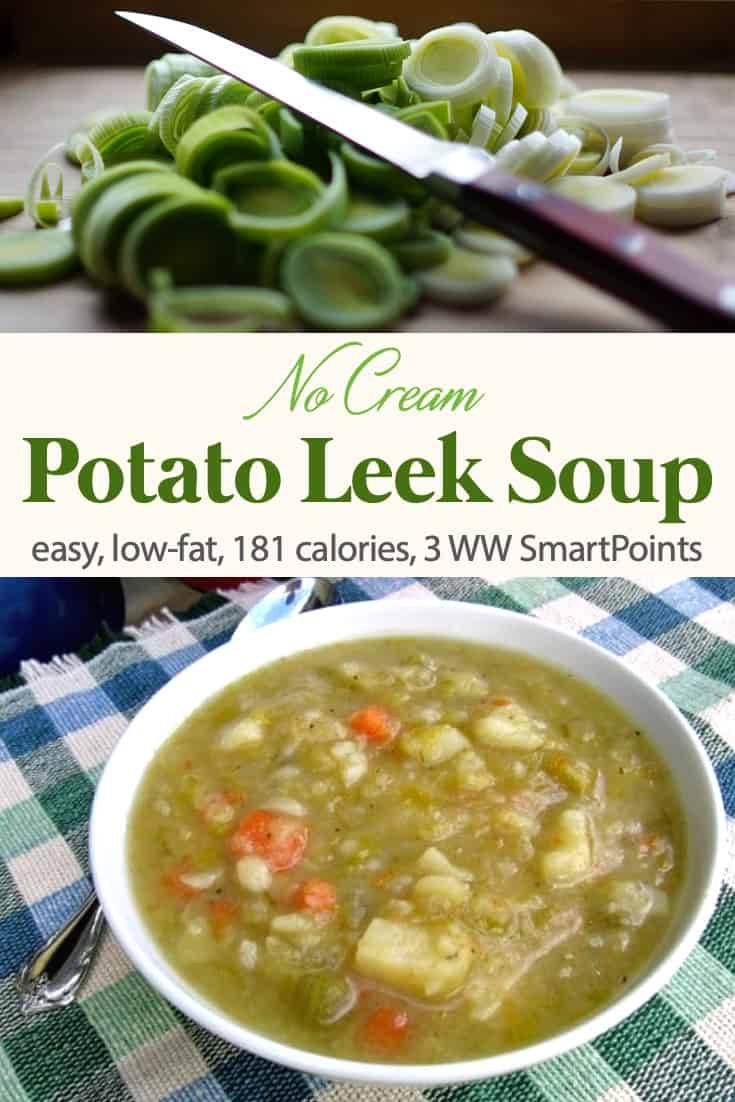 Fresh sliced leeks next to bowl of potato leek soup.