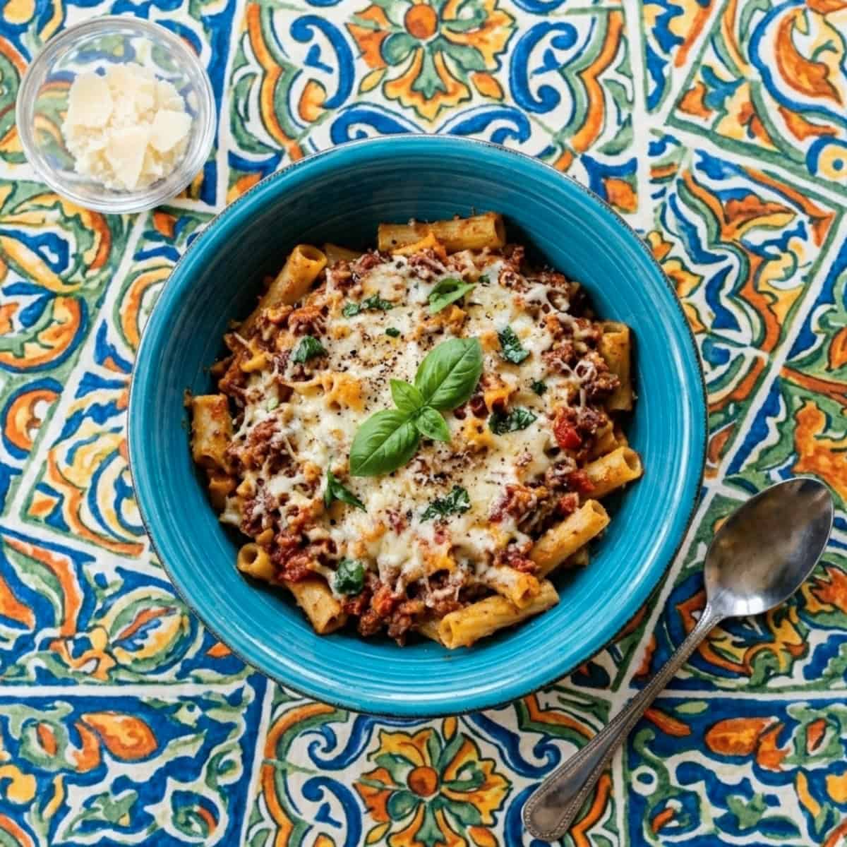 Baked Ziti topped with cheese and fresh basil in small blue bowl on colorful tile table.