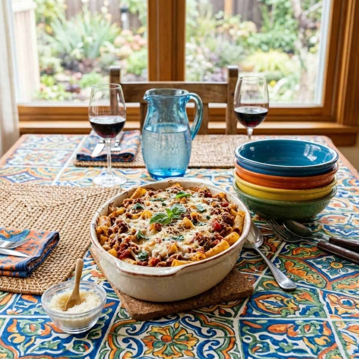 Baked Ziti in a baking dish on a colorful table with pitcher of water, two red wine glasses and a small bowl of grated cheese.