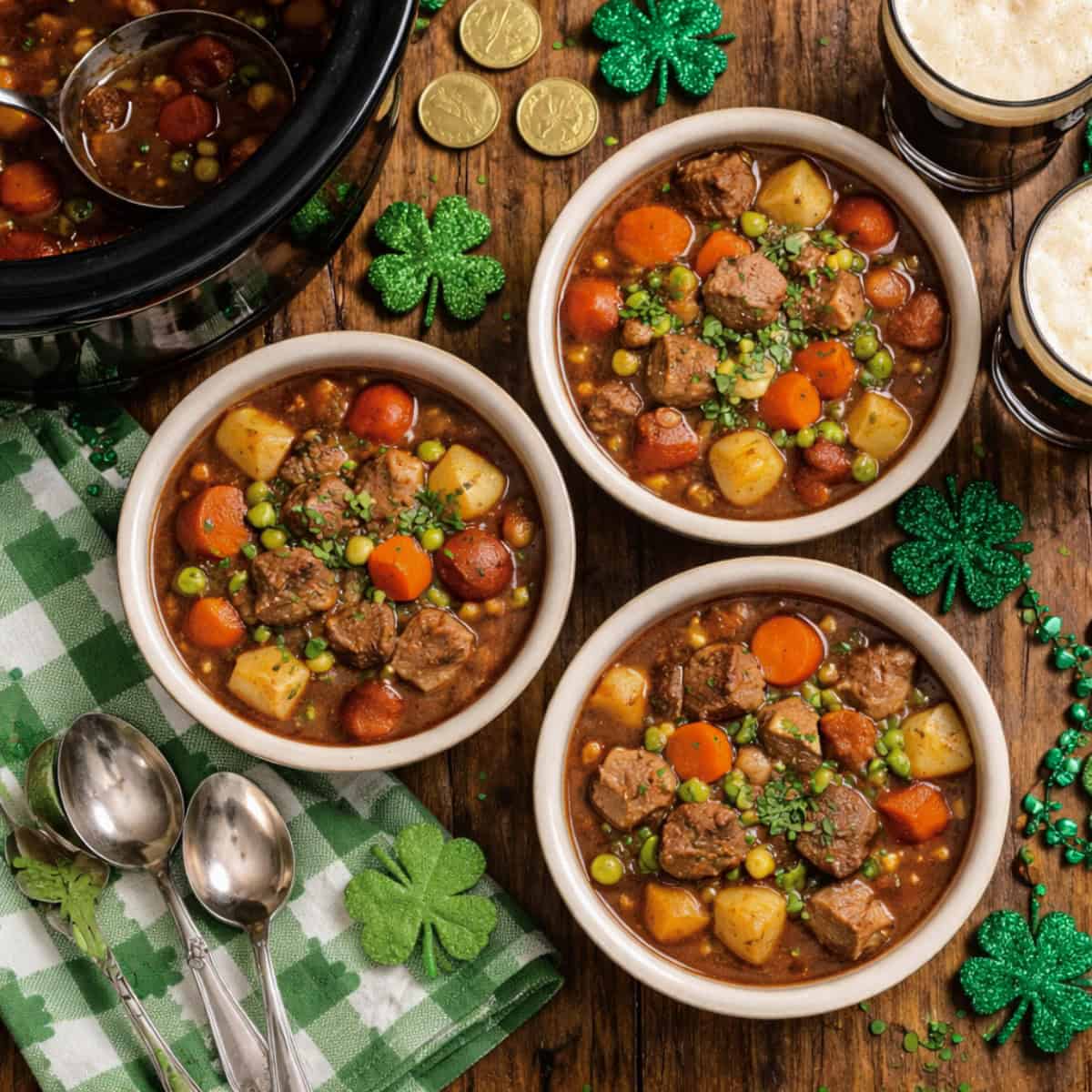 Irish Stew in three bowls with spoons and napkins on a wood table decorated for St. Patrick's Day with green shamrocks and gold coins.