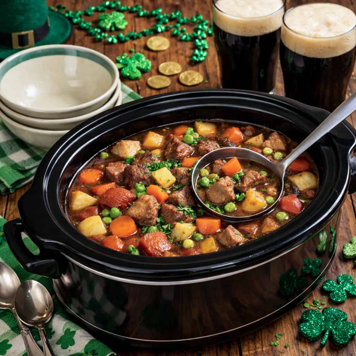 Slow Cooker Irish Stew in a black crock pot with a ladle on a table decorated with shamrocks and gold coins for St. Patrick's Day, a stack of bowls and two glasses of Guinness stout beers.