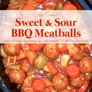 Crock pot with batch of sweet and sour bbq meatballs.