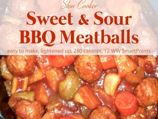 Crock pot with batch of sweet and sour bbq meatballs.