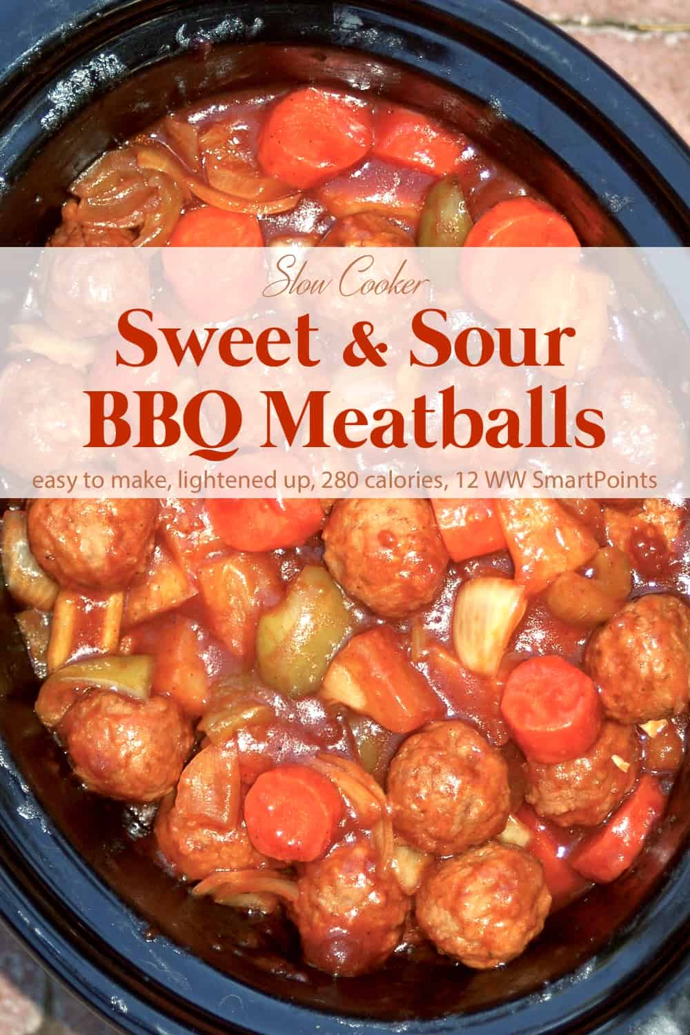 Crock pot with batch of sweet and sour bbq meatballs.