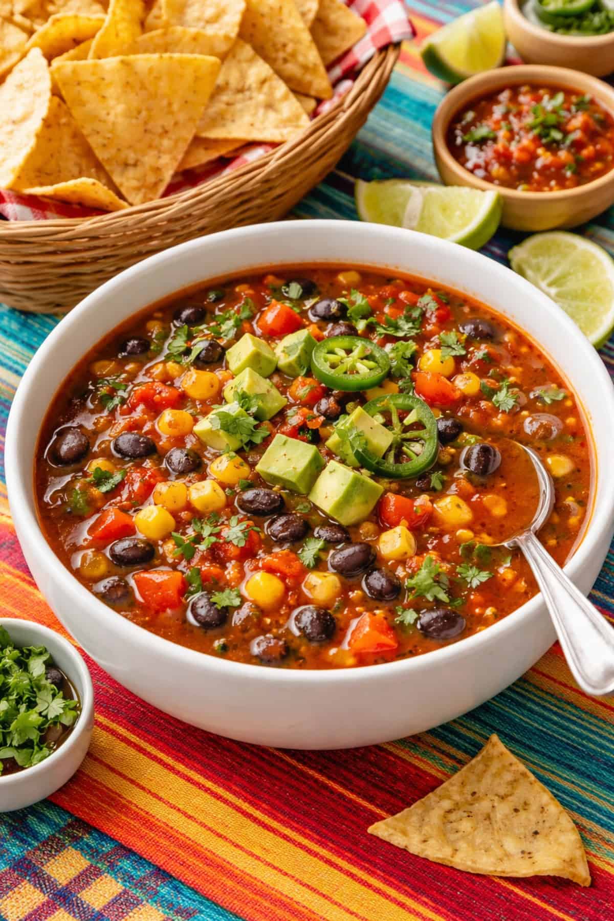 Bowl of corn and black bean soup garnished with jalapeño slices, chopped avocado and fresh cilantro on a colorful table with a basket of tortilla chips.