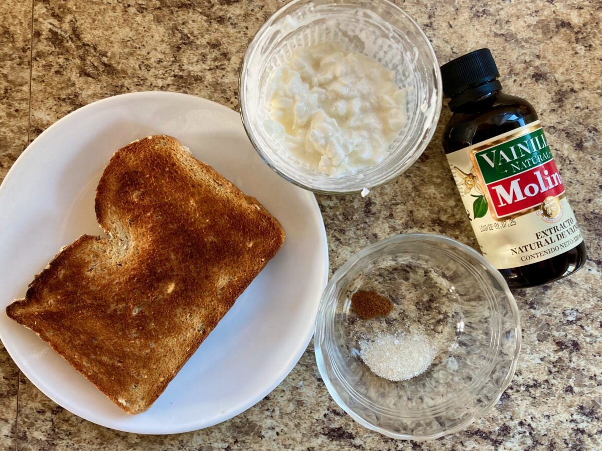 Ingredients including plain toast, cottage cheese, vanilla and ground cinnamon.