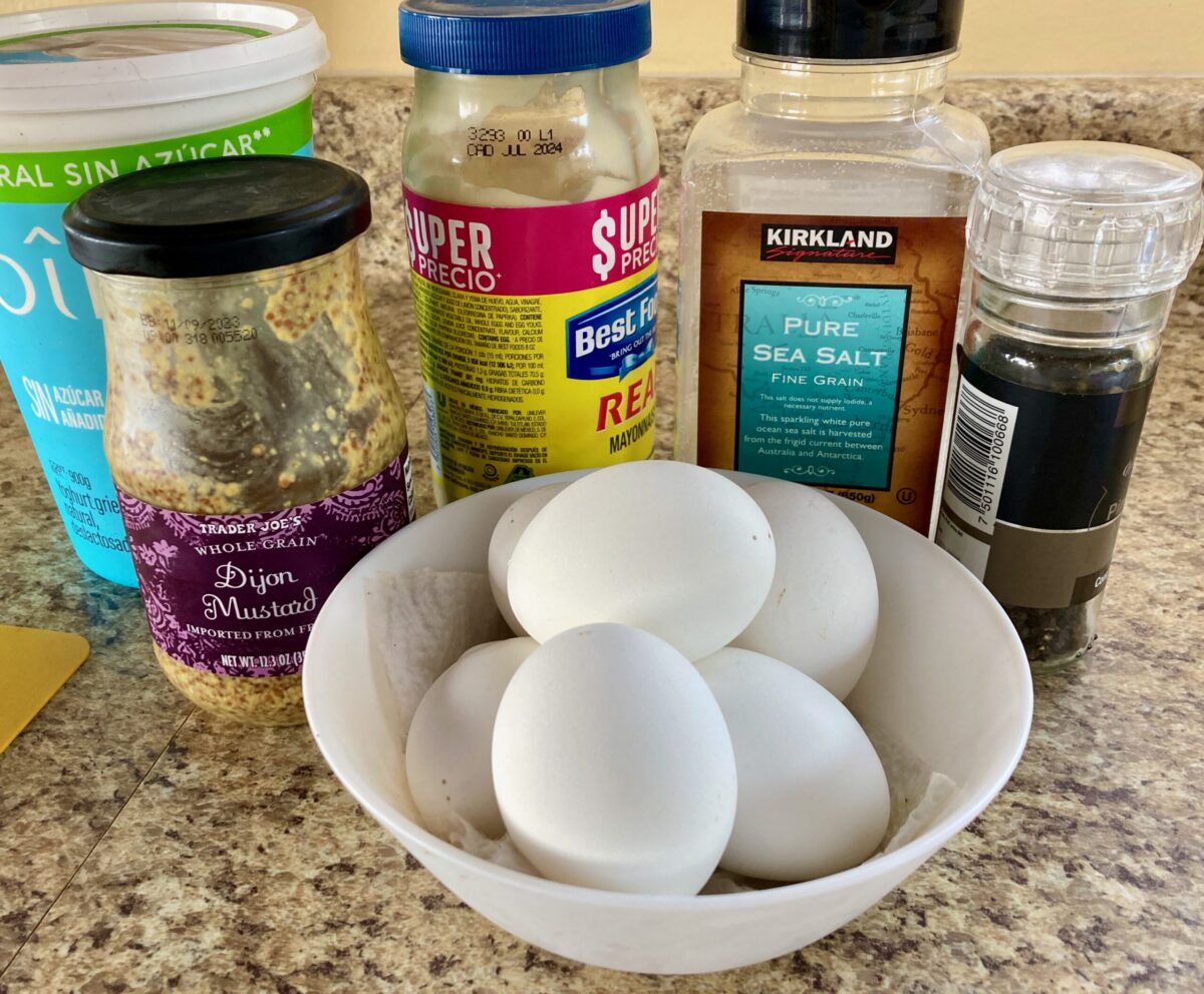 Ingredients for Egg Salad: Hard Boiled Eggs, Light Mayonnaise, Plain Nonfat Greek Yogurt, Mustard, Salt, Pepper