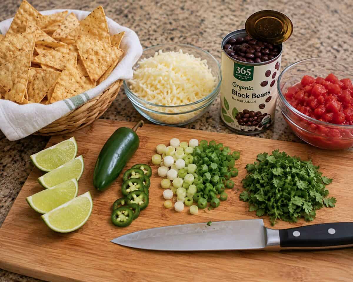 Basket of baked tortilla chips, shredded cheese, can of black beans, bowl of chopped tomatoes, lime wedges, a whole jalapeño pepper alongside jalapeño pepper slices, sliced scallion and fresh cilantro leaves on bamboo cutting board with chef knife.